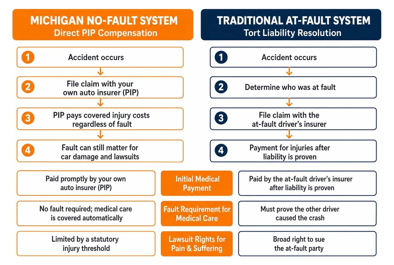 Comparison of no-fault direct PIP compensation versus at-fault tort liability resolution