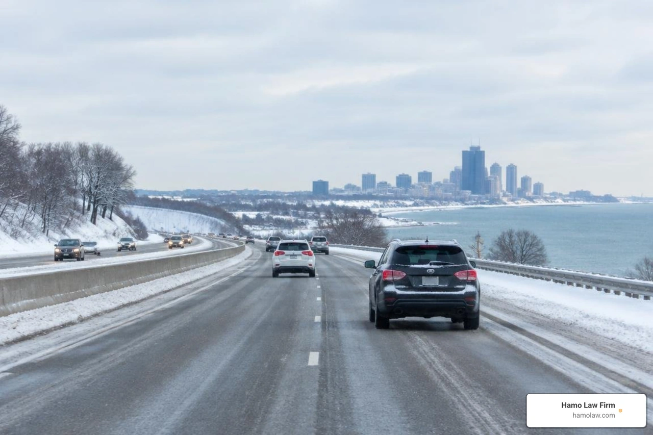 Michigan highway with cars in winter