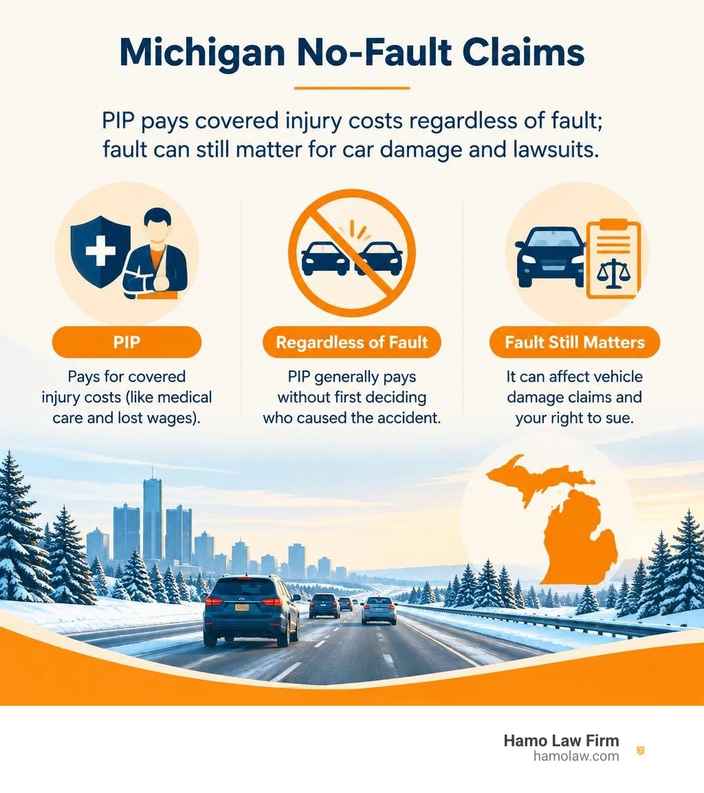 Michigan no-fault claims: PIP pays covered injury costs regardless of fault; fault can still matter for car damage and
