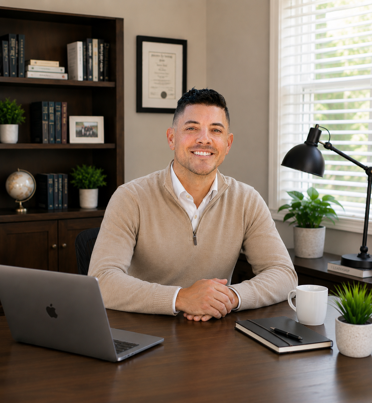 Tim Miller smiling at his desk in a bright office with a laptop and notebook.