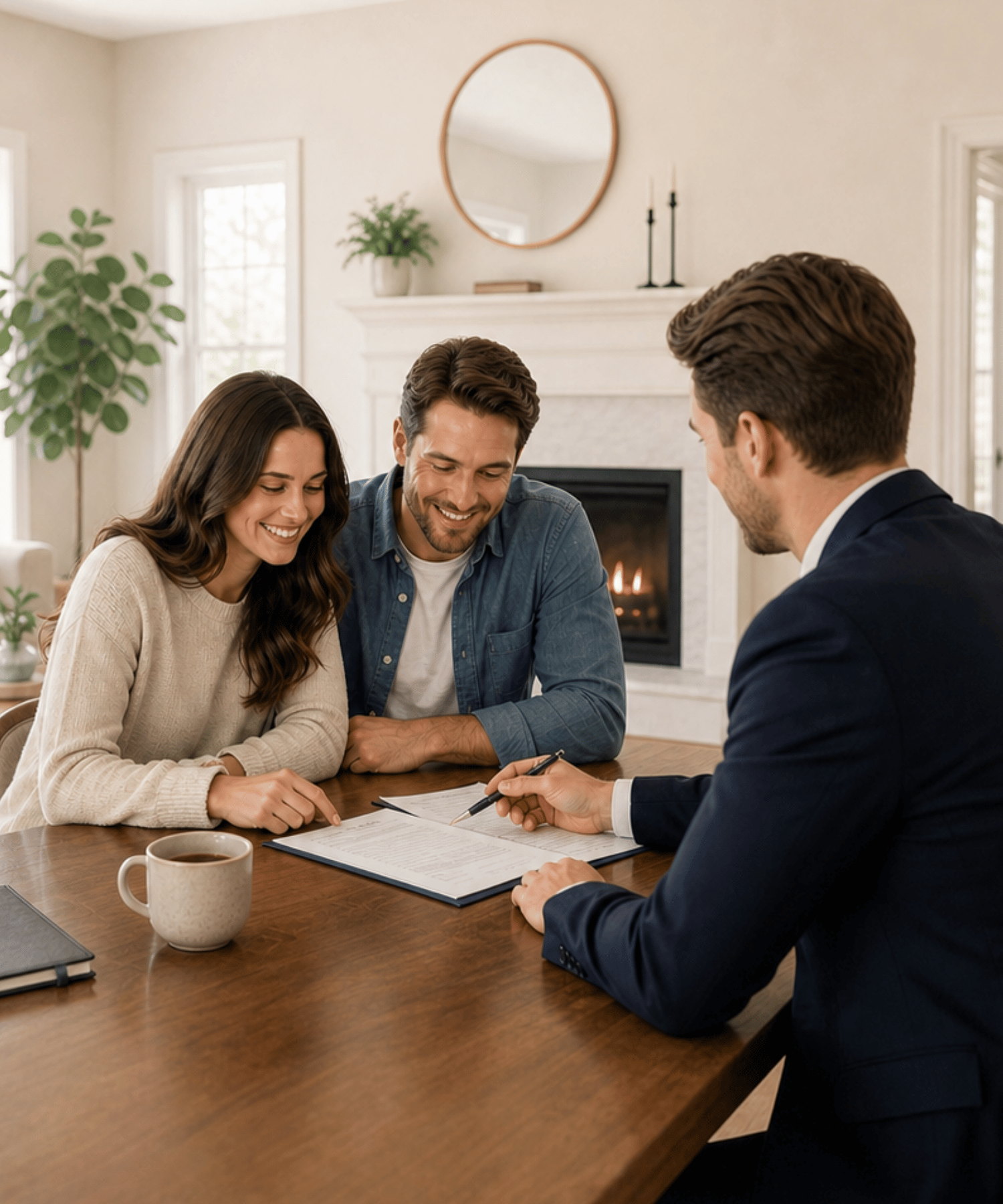 "A happy couple sitting at a table reviewing mortgage paperwork with their loan officer.