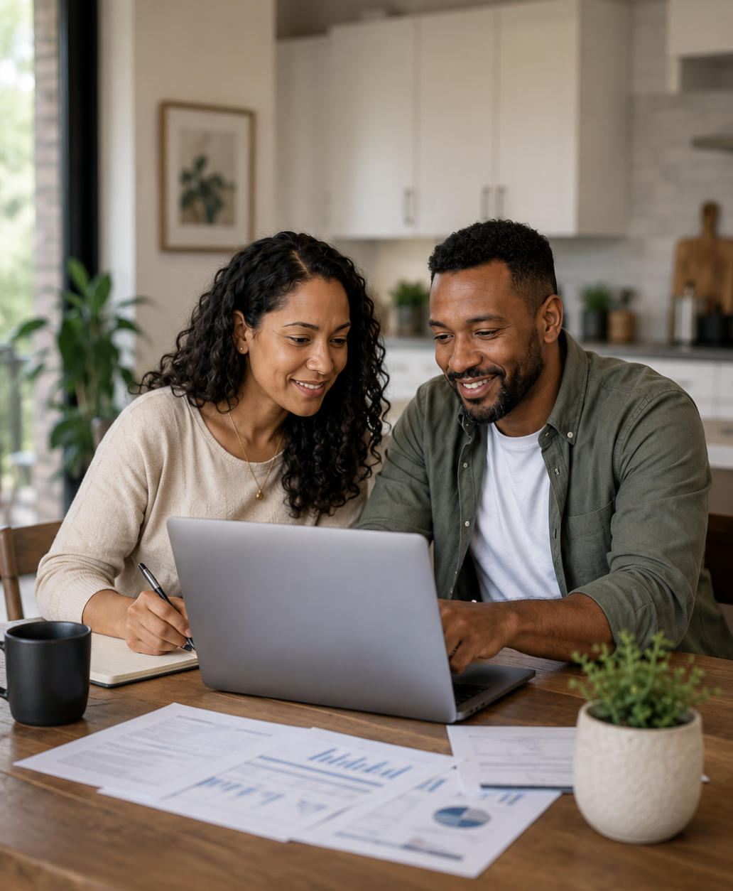 Couple reviewing home financing options together on a laptop at their kitchen table.