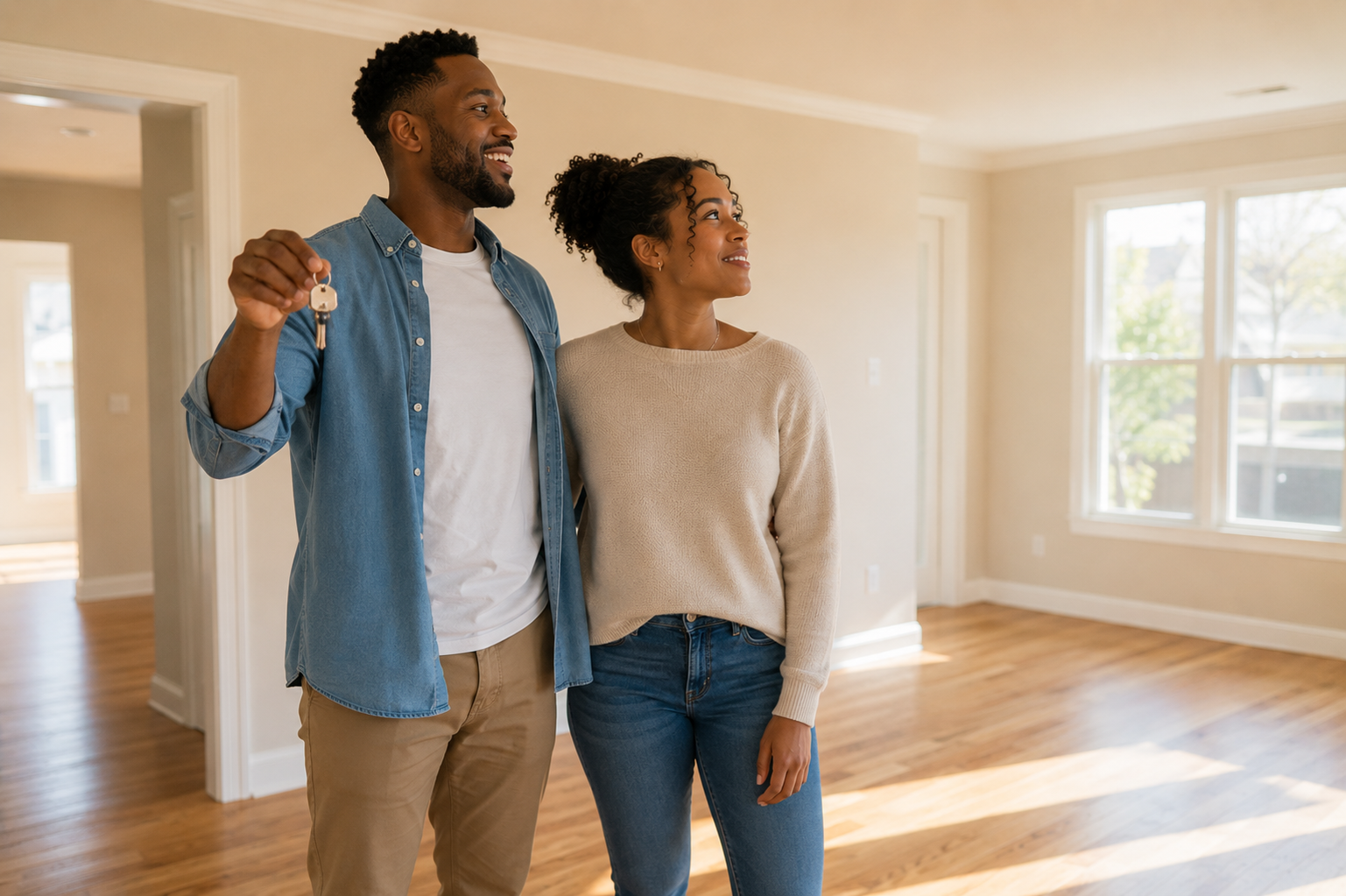 Couple reviewing home loan documents outside their home