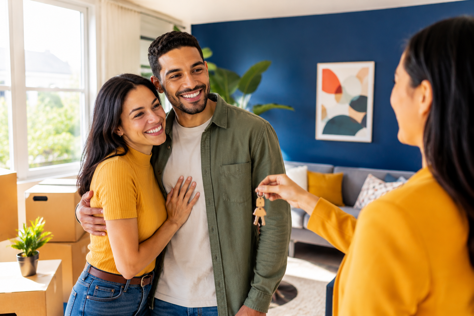 Happy homebuyers receiving the keys to their new home after closing on a mortgage.