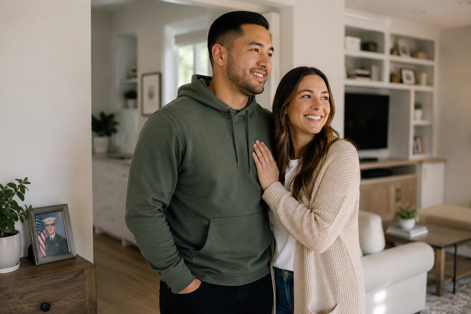 Couple reviewing home loan documents outside their home