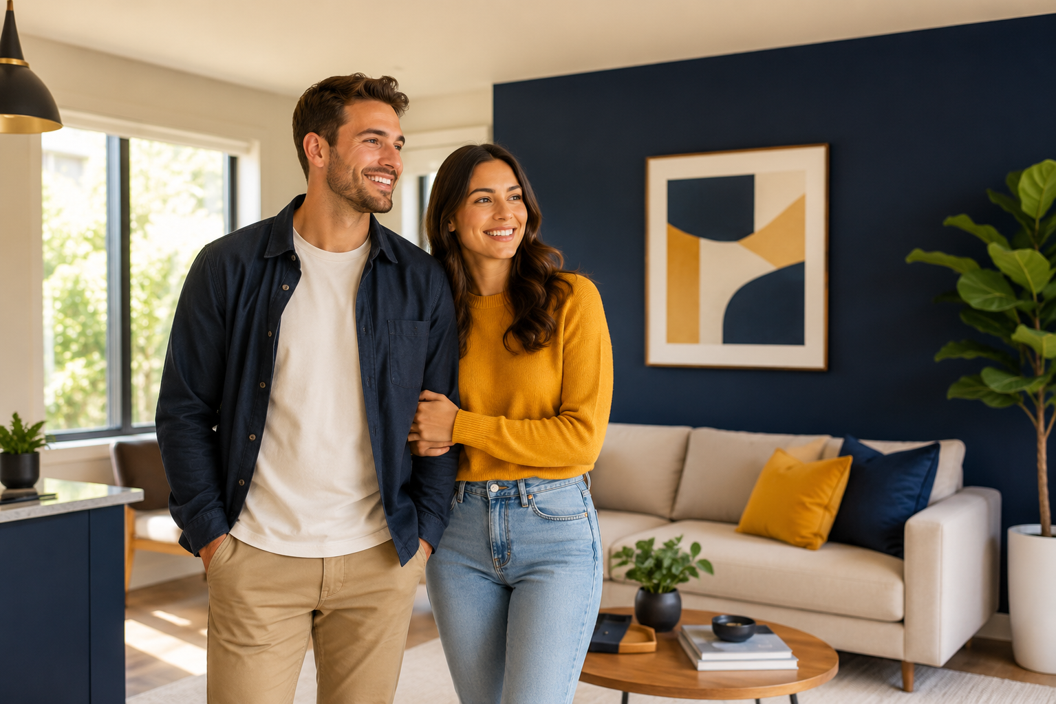 Happy couple standing in a modern home while exploring conventional mortgage financing options.