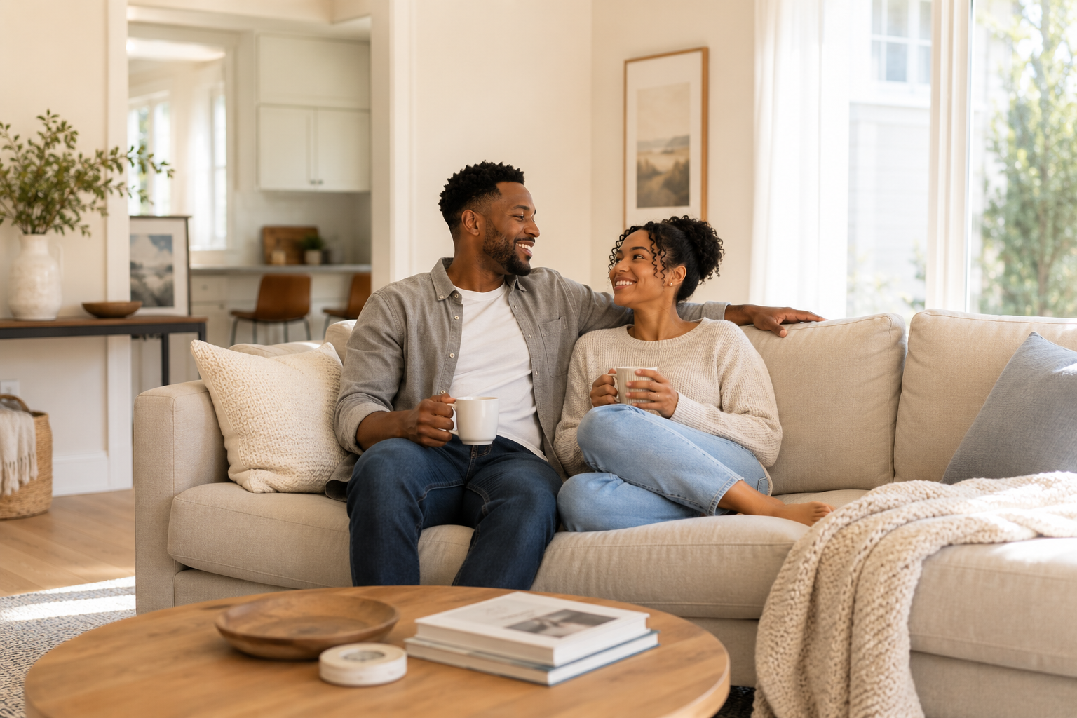 Couple reviewing home loan documents outside their home