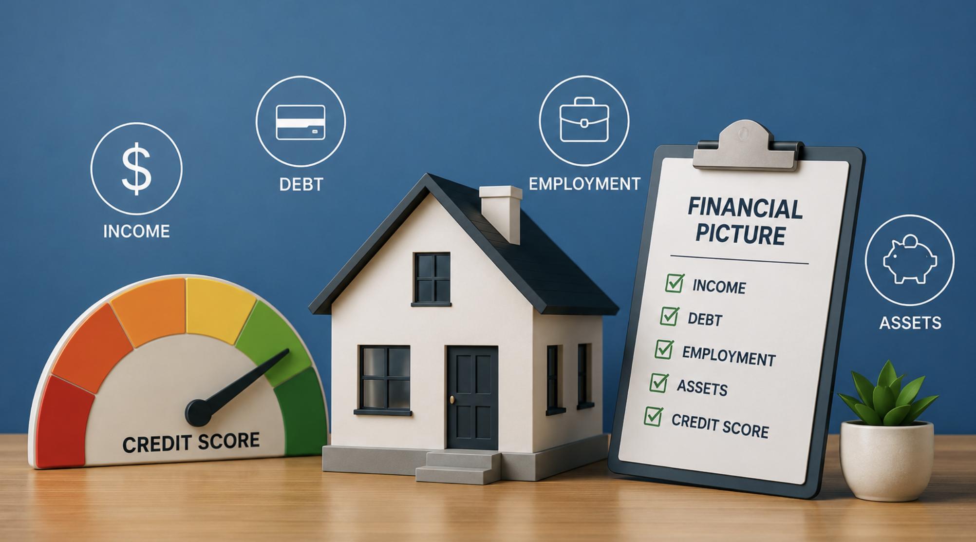 Illustration showing credit score, income, debt, employment, and assets, the key factors lenders review when qualifying a borrower for a mortgage.
