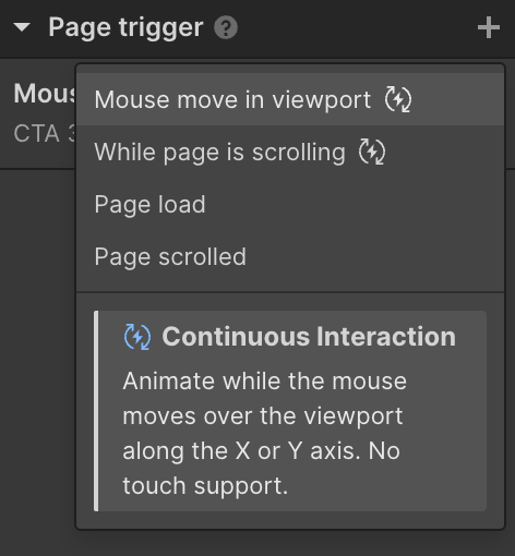 Dropdown menu under 'Page trigger' showing options: Mouse move in viewport, While page is scrolling, Page load, Page scrolled, with description of Continuous Interaction feature for mouse movement animation on X or Y axis.