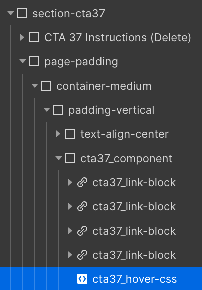 Screenshot of a web development interface showing a nested HTML structure with elements like section-cta37 and cta37_link-block, and a highlighted cta37_hover-css at the bottom.
