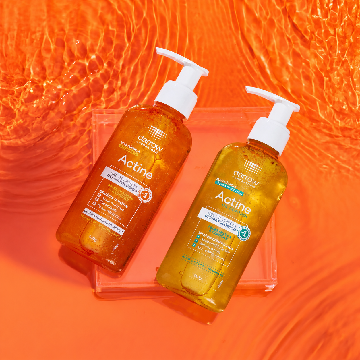 Produtos Actine e Actine Oil Control da Darrow sobre fundo laranja