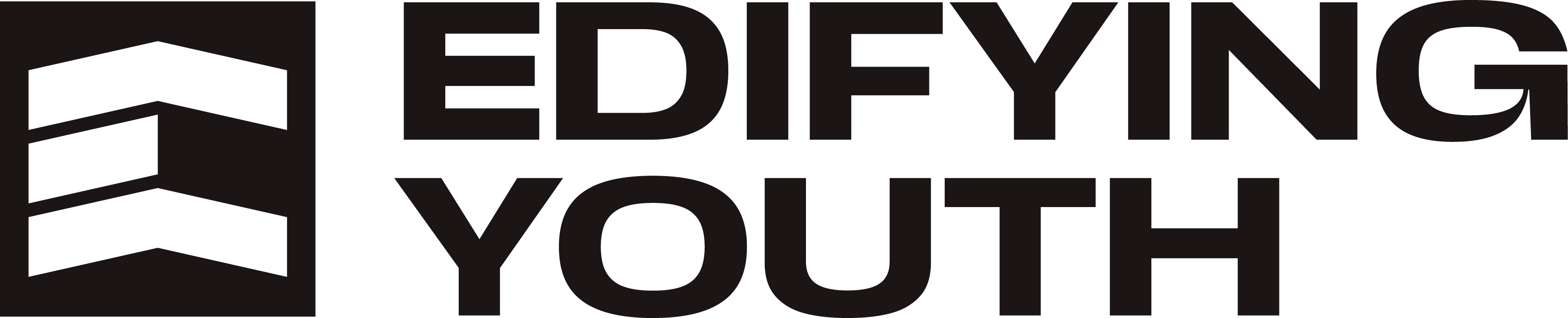 Edifying Youth logo with three white stacked chevrons inside a black square next to bold text.
