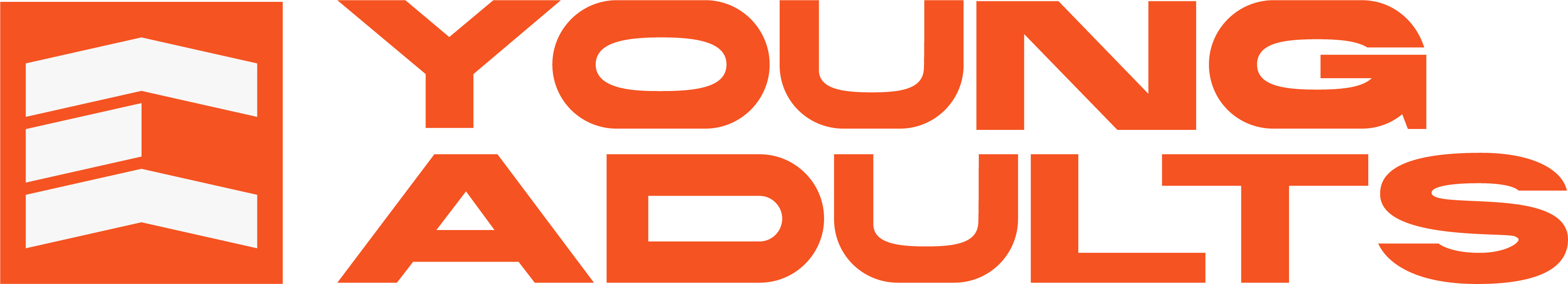 Orange stylized logo with two upward arrows next to bold text reading 'YOUNG ADULTS'.