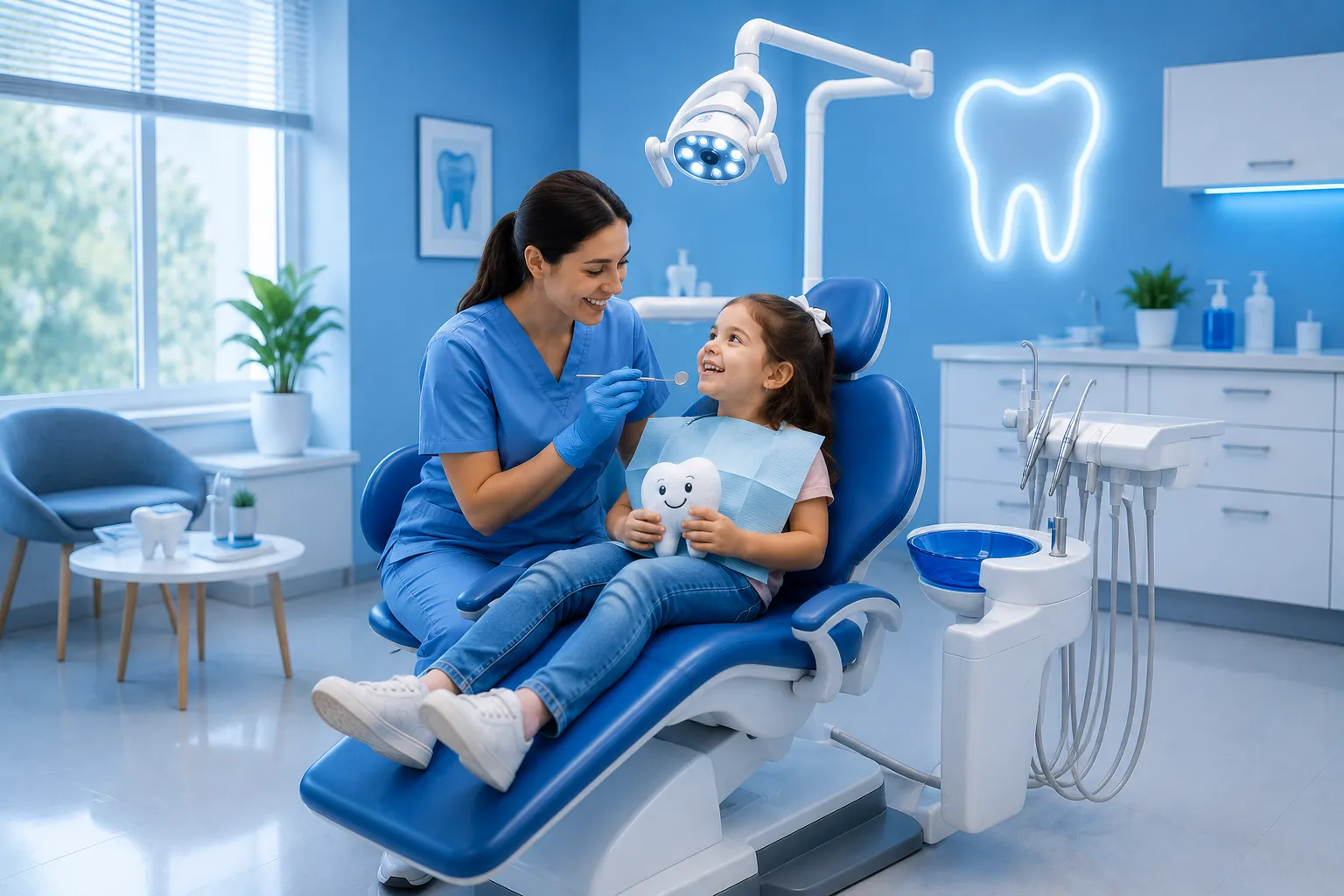 Orthodontic assistant talking with a child patient in the treatment chair