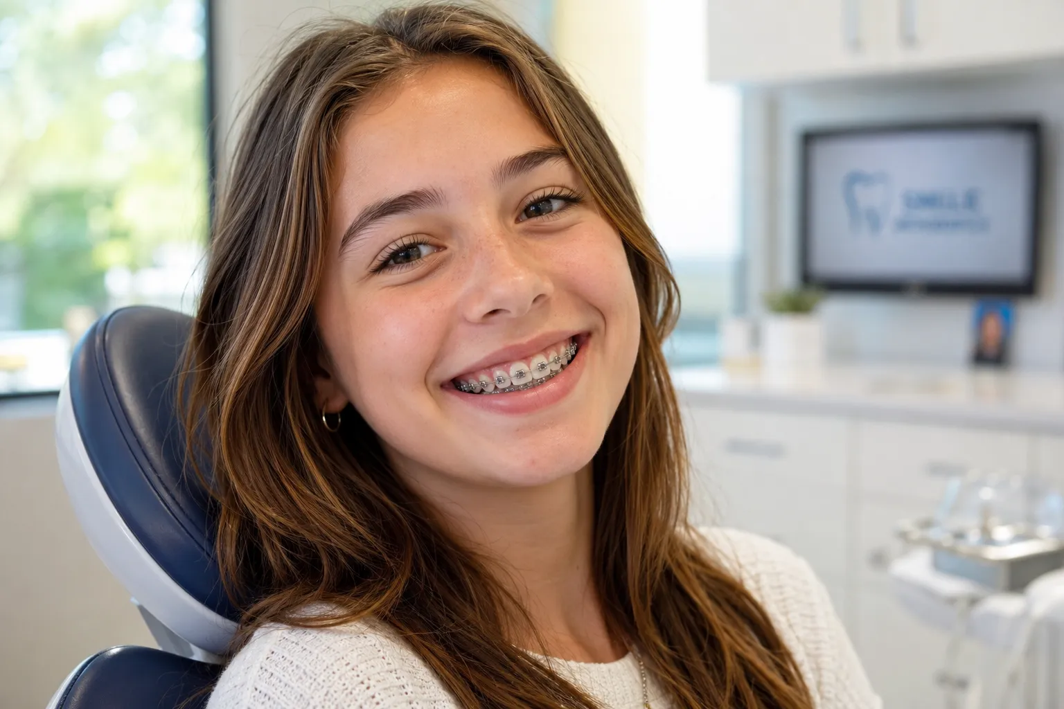 Smiling teen with braces during orthodontic treatment at Kendrick Orthodontics