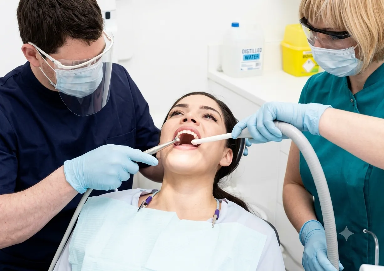 Orthodontic team examining a patient during treatment