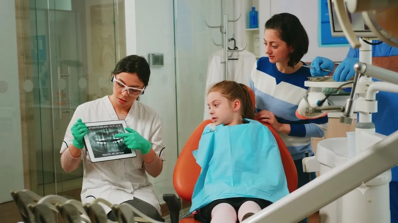 Child receiving orthodontic consultation with digital X-ray review