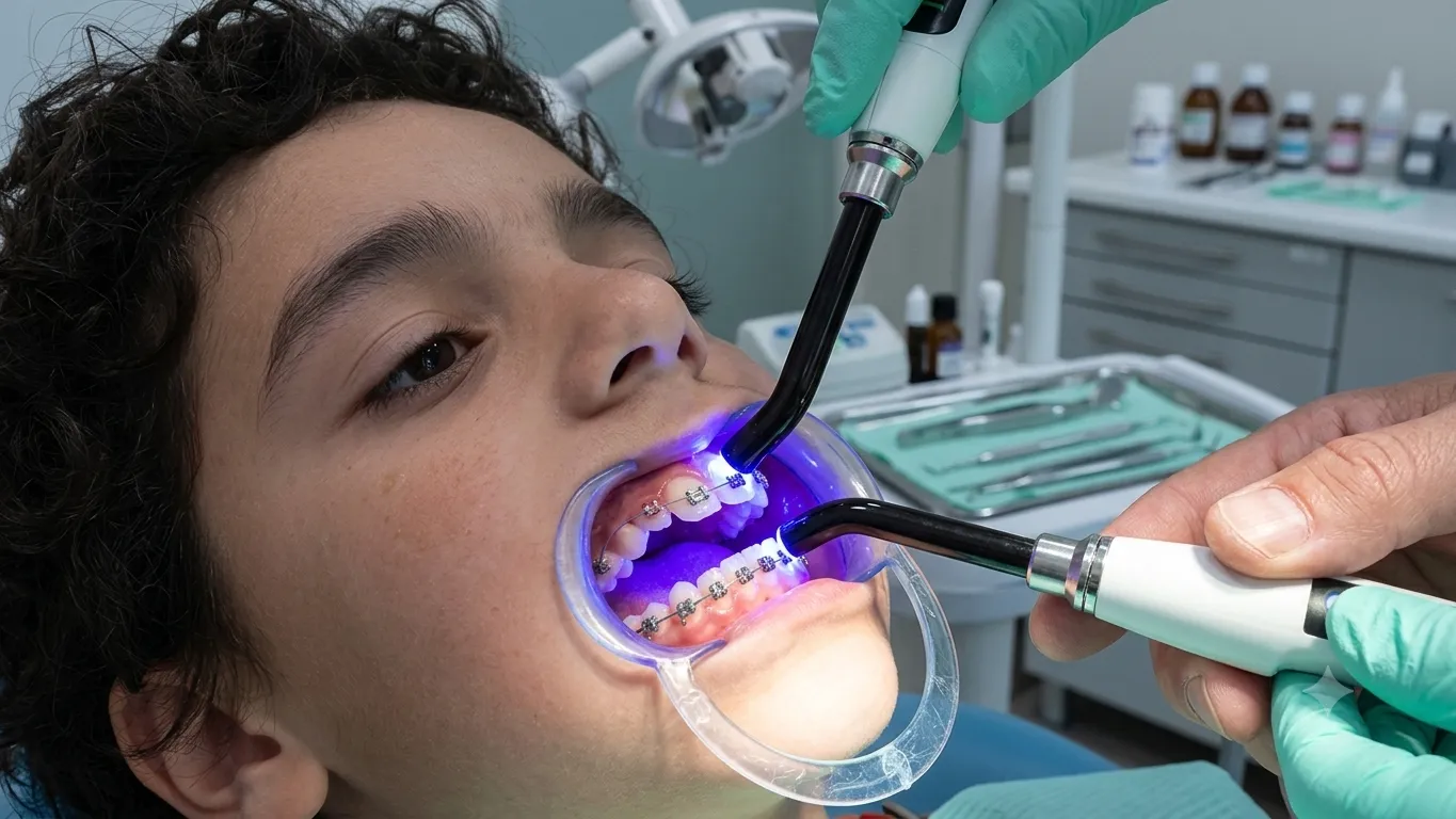 Patient with braces during orthodontic bonding treatment