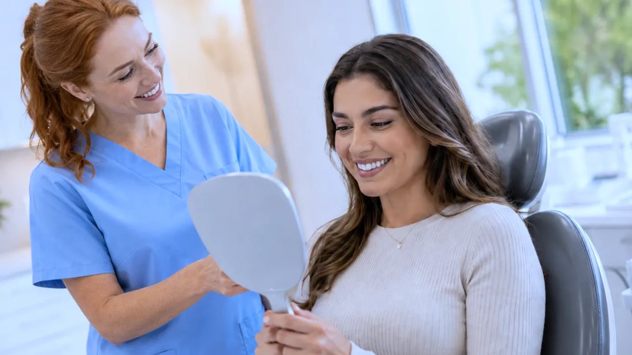 Patient looking at her smile during a first orthodontic visit in Kissimmee, FL
