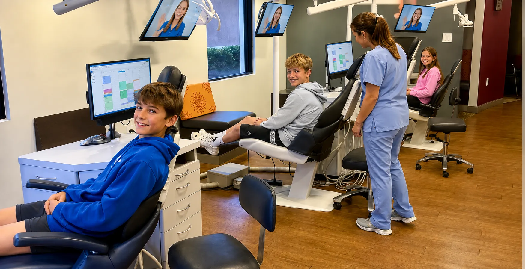 Young patients waiting in the orthodontic treatment area