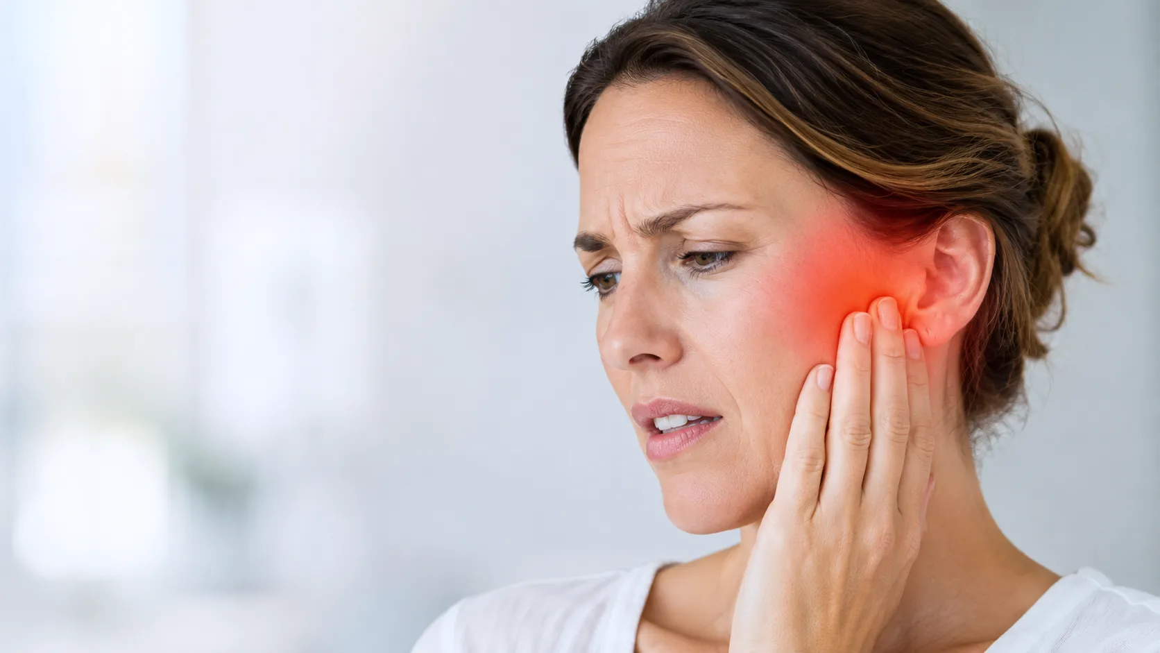 Adult woman with jaw pain and TMJ symptoms