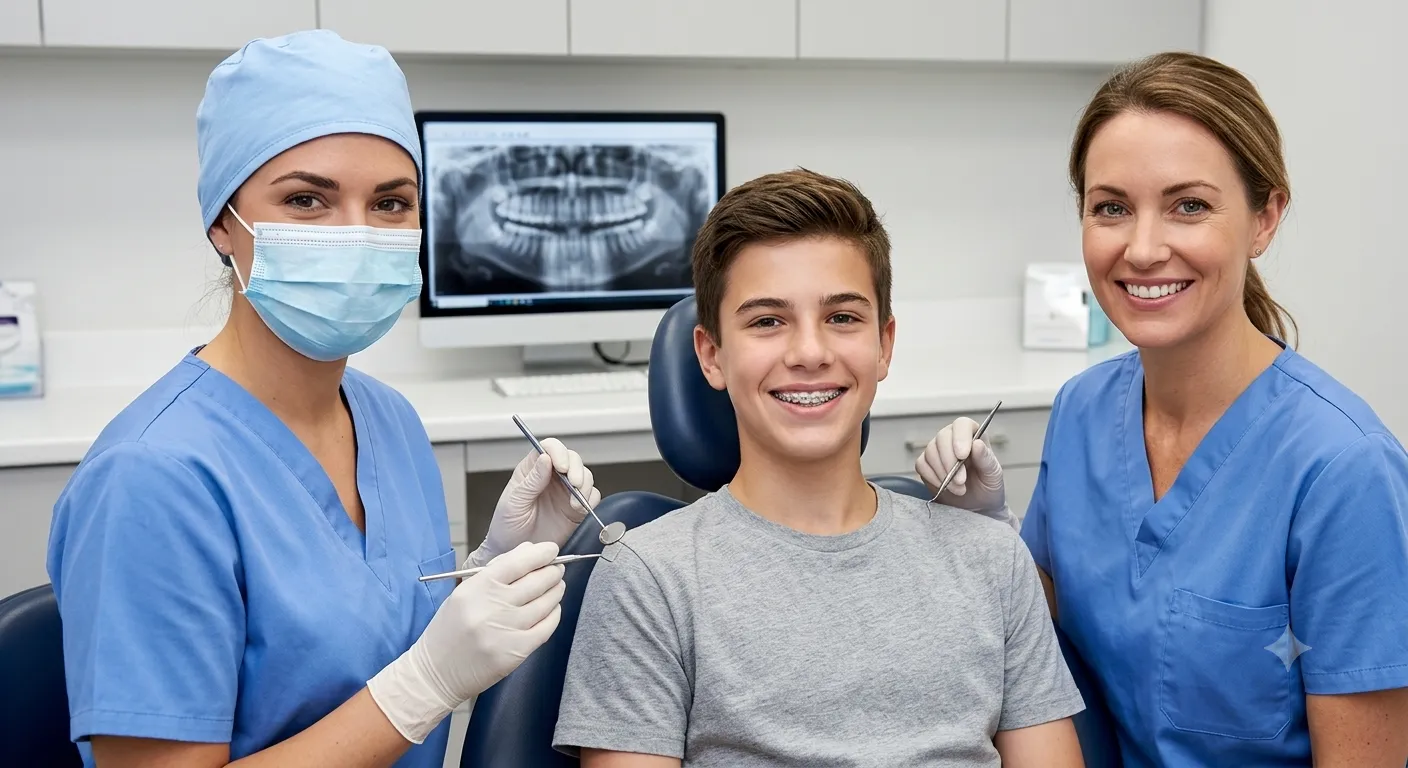 Teen with braces during orthodontic appointment with dental team