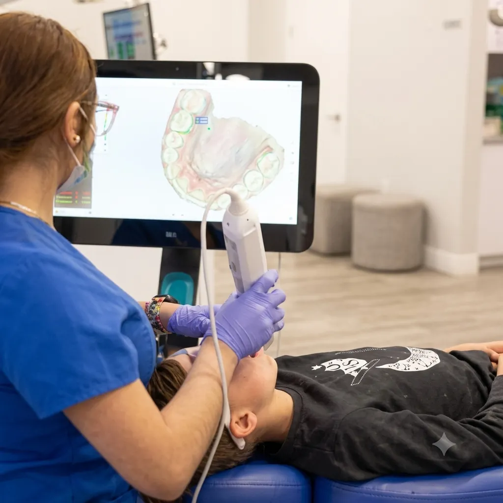 Orthodontic assistant reviewing a patient's digital 3D dental scan on a monitor