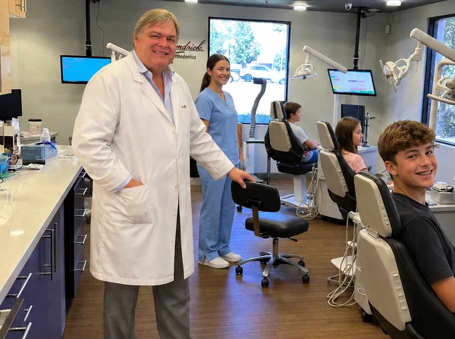 Dr. James Kendrick with patients in the Kendrick Orthodontics treatment area in Kissimmee, FL