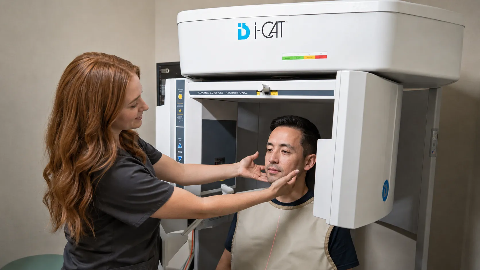 Assistant preparing patient for 3D CBCT imaging in Kissimmee, FL