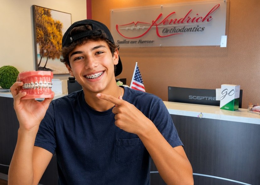 Teen patient with braces holding an orthodontic model at Kendrick Orthodontics in Kissimmee, FL