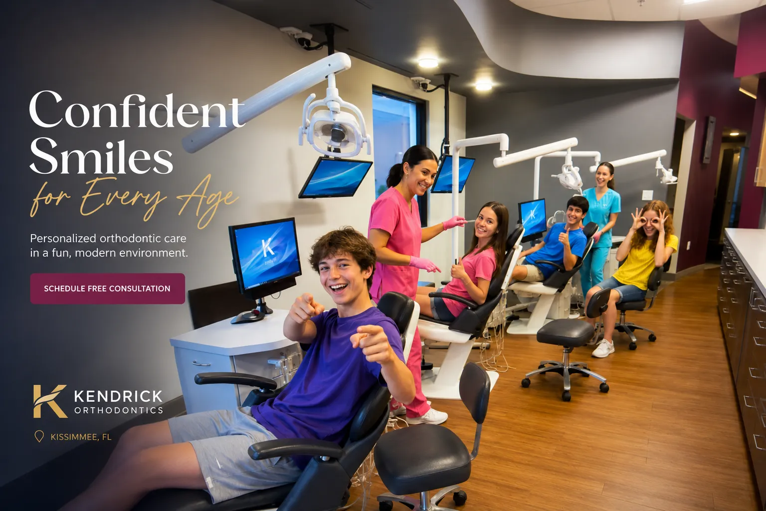 Teens and orthodontic assistants in a modern treatment area at Kendrick Orthodontics in Kissimmee, FL