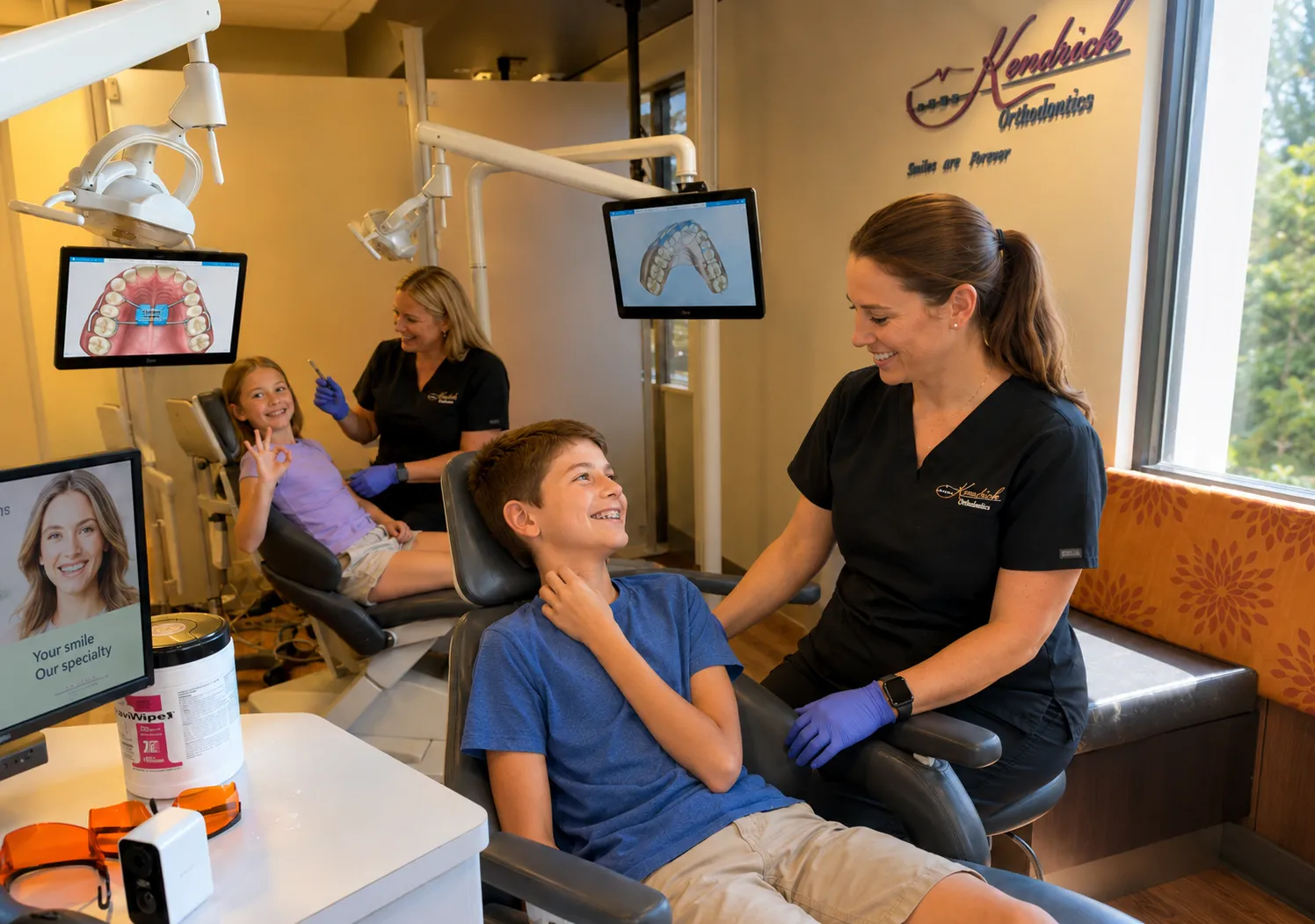 Kids smiling during braces treatment at Kendrick Orthodontics in Kissimmee, FL.