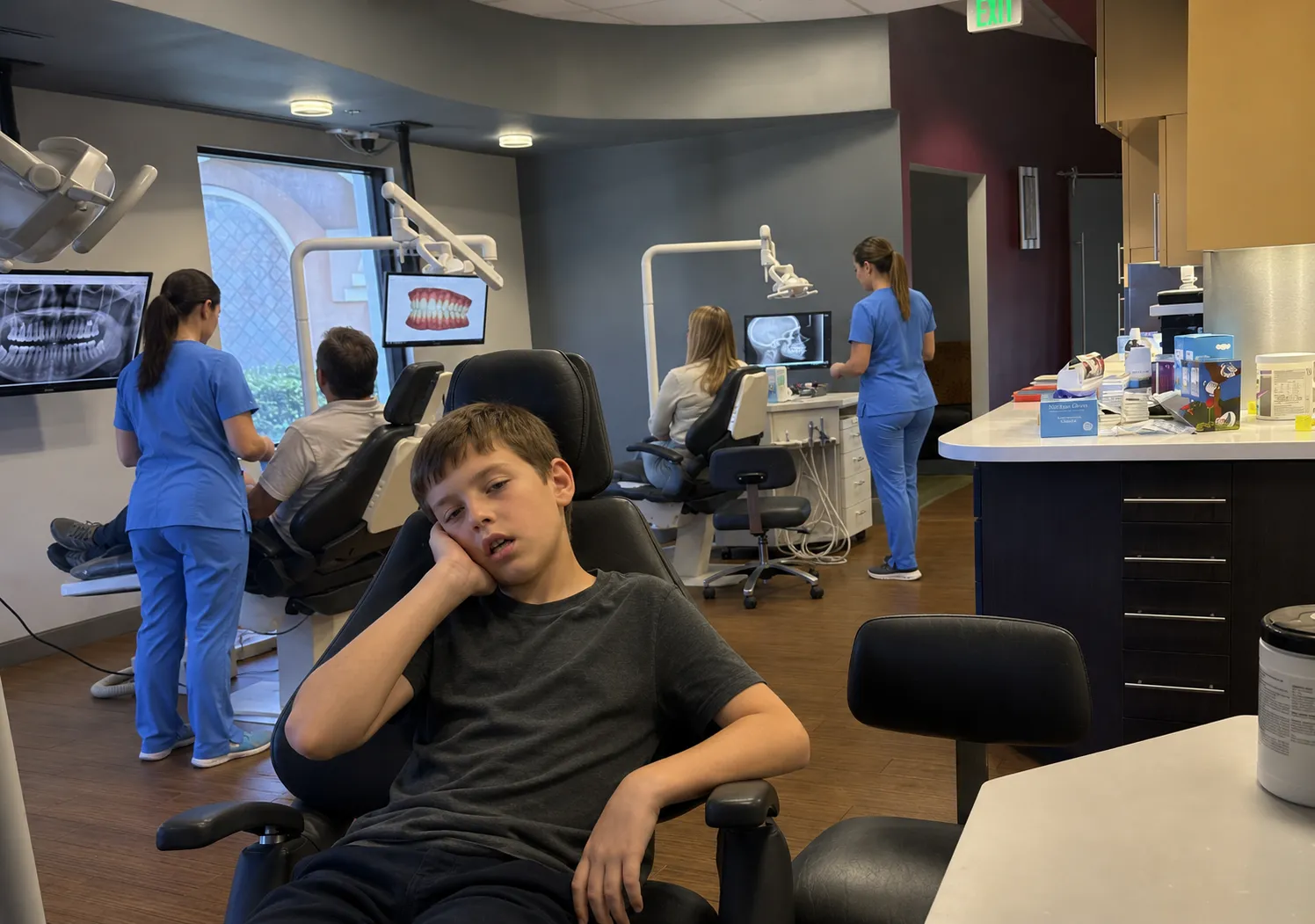 Tired child with open-mouth posture during an airway orthodontic visit in Kissimmee, FL.