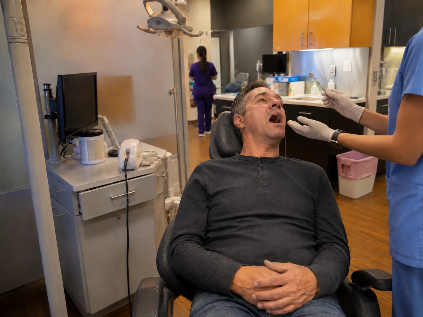 Adult patient opening his mouth during a TMJ/TMD orthodontic evaluation at Kendrick Orthodontics in Kissimmee, FL. 