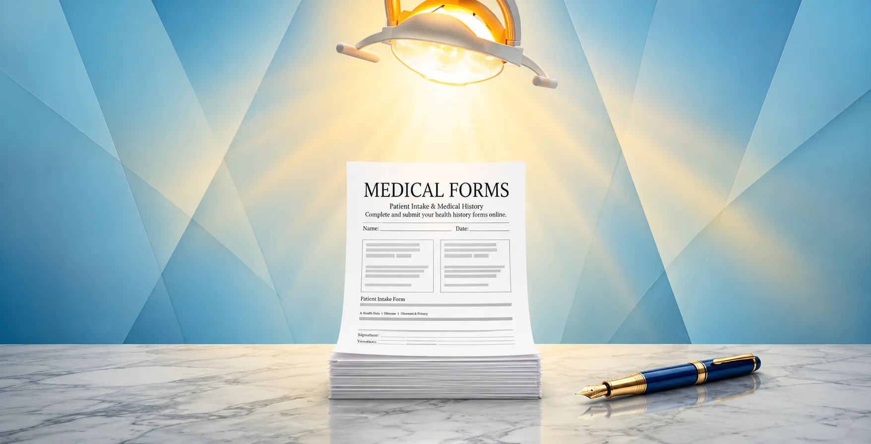 Medical patient forms displayed under a dental light for the Patient Forms page at Kendrick Orthodontics.