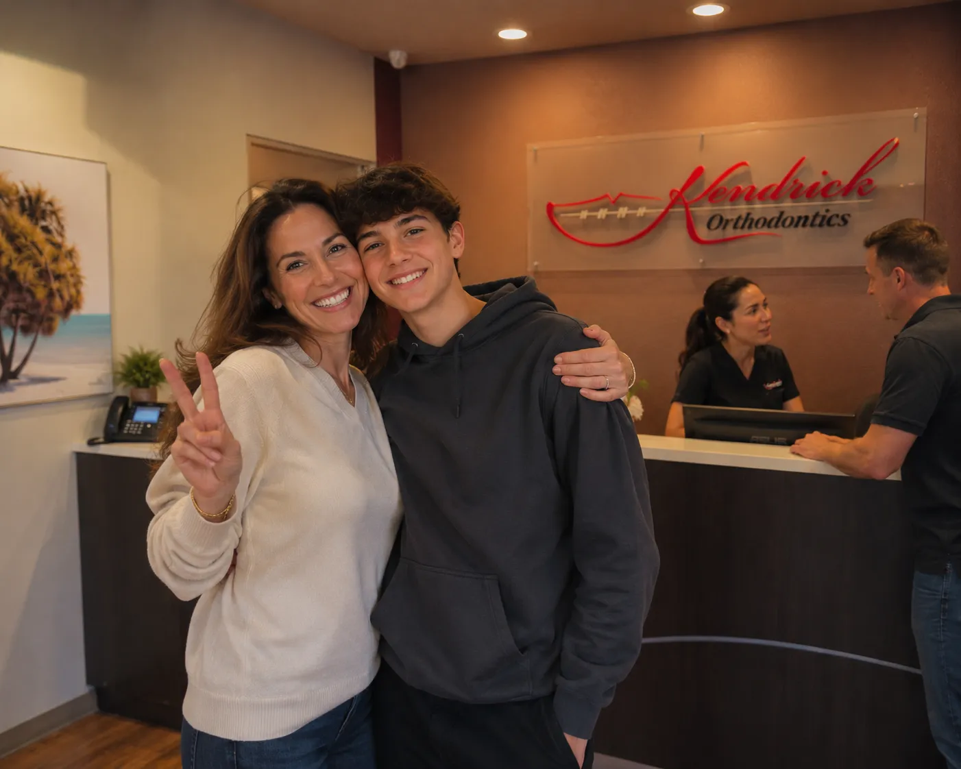 Mother hugging her teenage son after successful overbite treatment at Kendrick Orthodontics while checking out at the reception desk in Kissimmee, FL