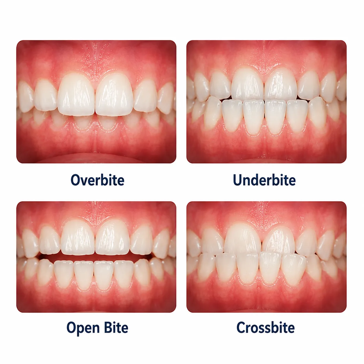 Common bite problems including overbite, underbite, open bite, and crossbite