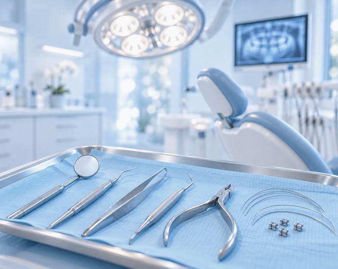 Orthodontic instruments, wires and brackets on a tray in a treatment room