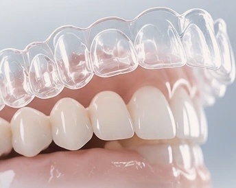 Clear Invisalign aligner over natural teeth