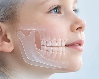 Smiling child with an outline of the developing jaw