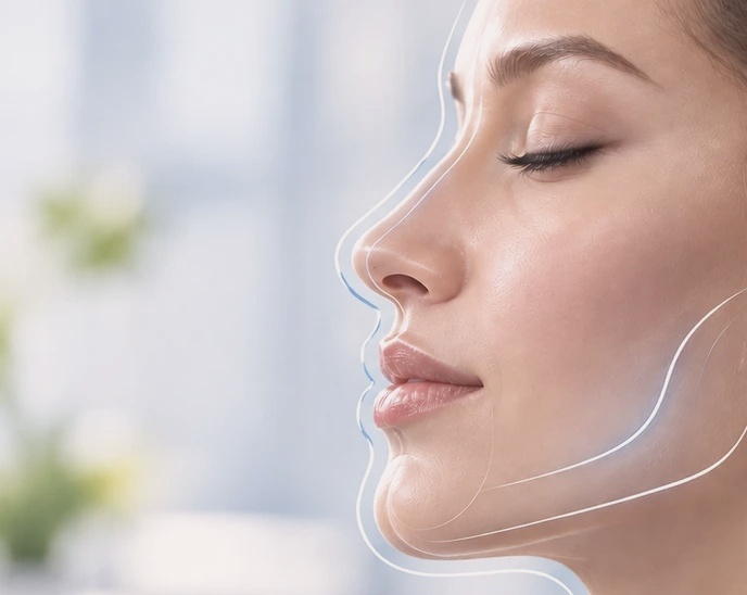 Side profile with a soft line tracing facial balance