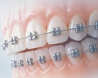 Close-up of metal braces on upper and lower teeth