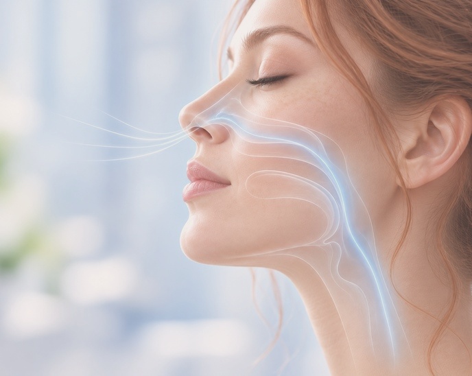 Woman breathing calmly through the nose with the airway outlined