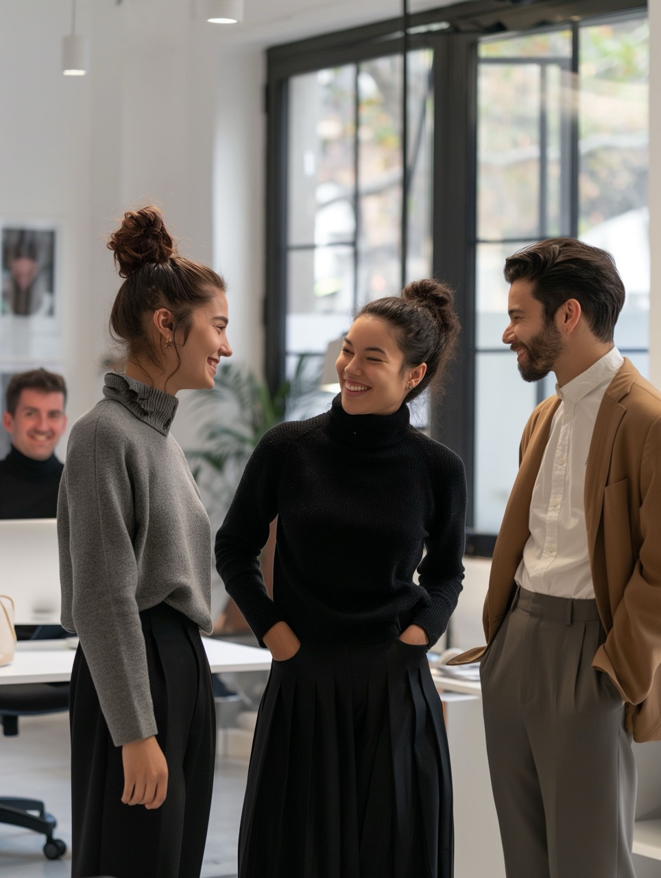 Three colleagues chatting and smiling in a bright modern office