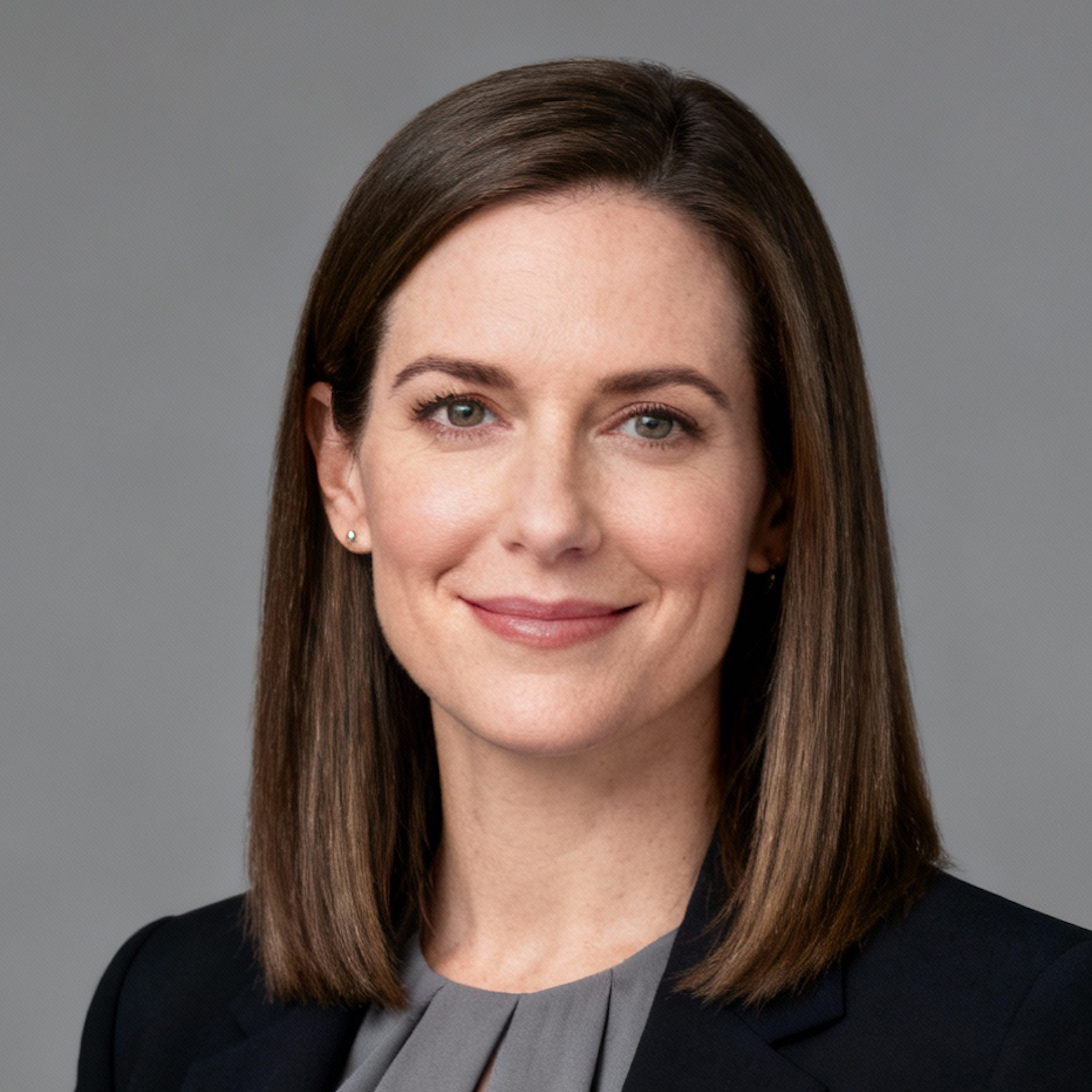 Portrait of a Woodalls team member with shoulder-length brown hair in a dark blazer against a grey backdrop