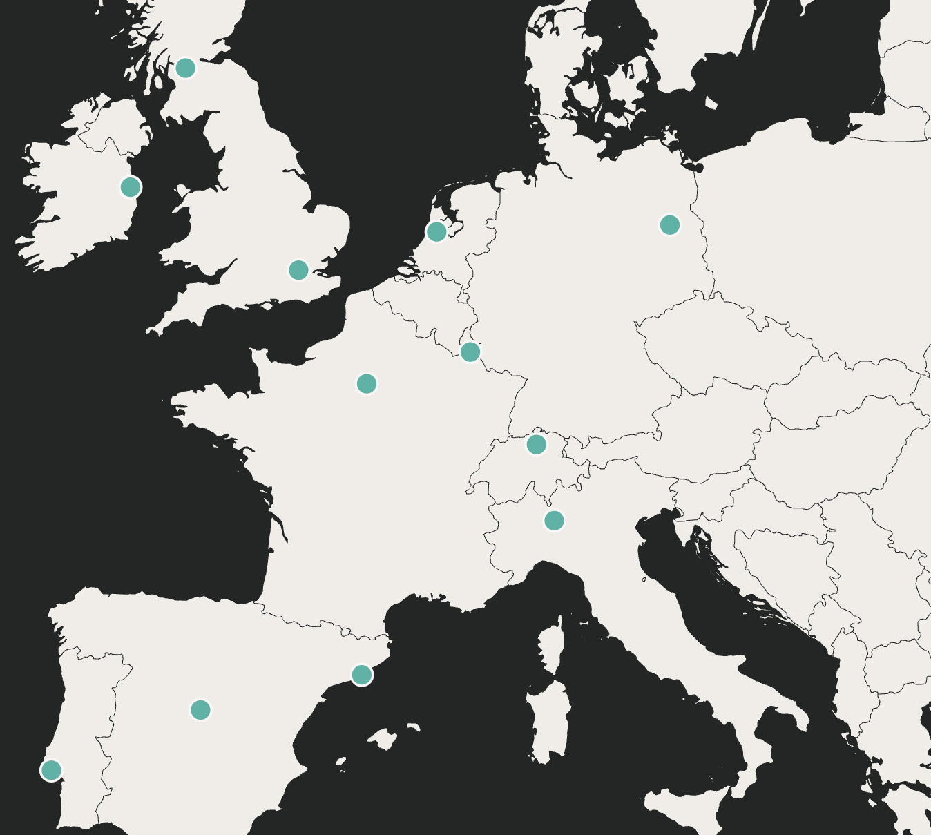 Map of Europe with teal markers showing Woodalls' office locations