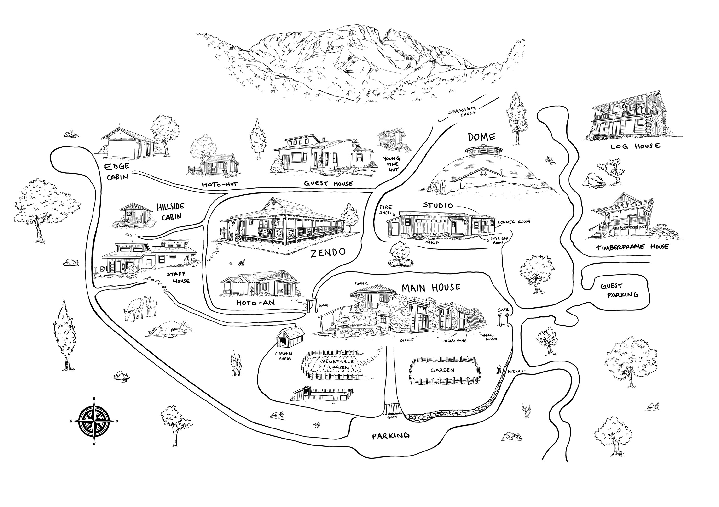 Hand-drawn map of the Crestone Mountain Zen Center showing the Zendo, Main House, Dome, Hoto-an, and surrounding buildings