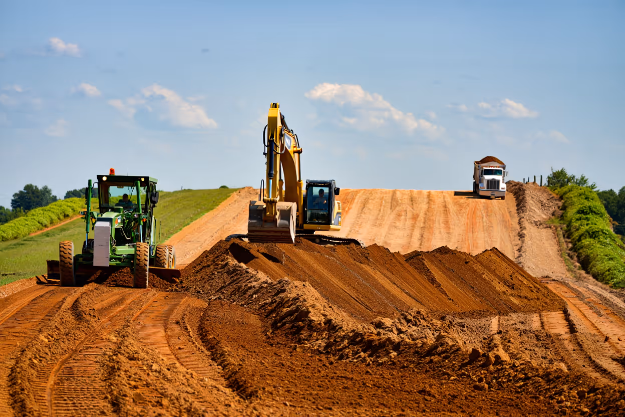 Construction machinery grading and moving earth on a dirt road under clear blue sky.