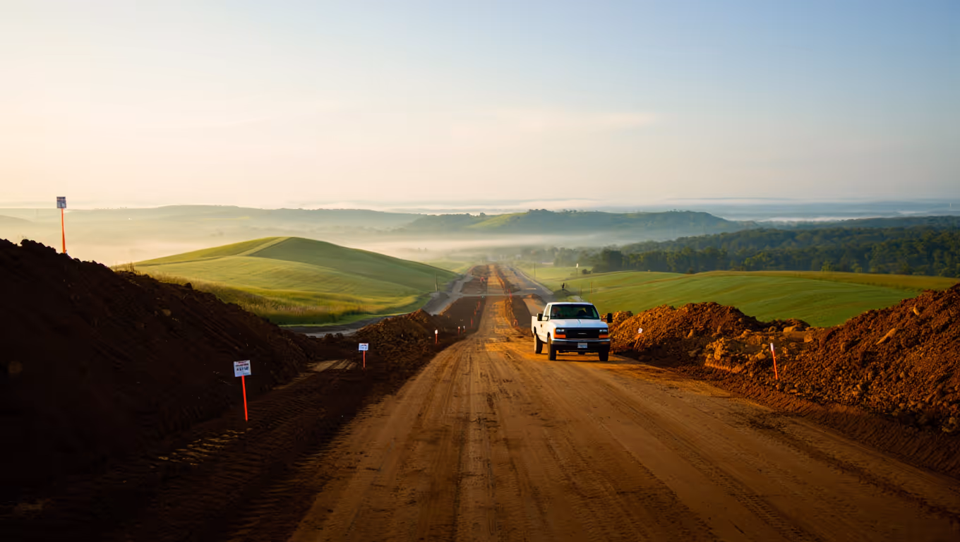 White pickup truck driving on a dirt road under construction with green rolling hills and a misty horizon.