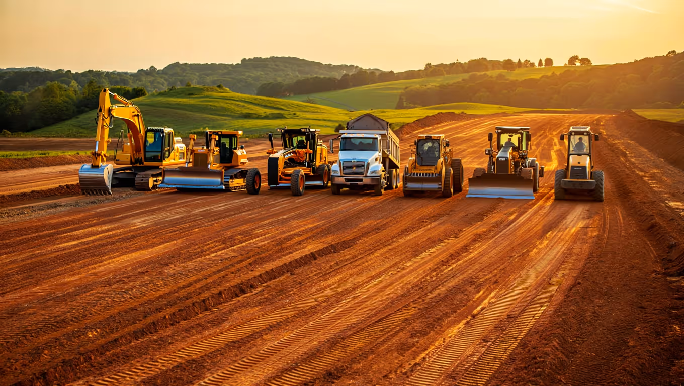 Lineup of yellow construction vehicles including excavator, bulldozers, dump truck, and loaders on a dirt construction site at sunset.